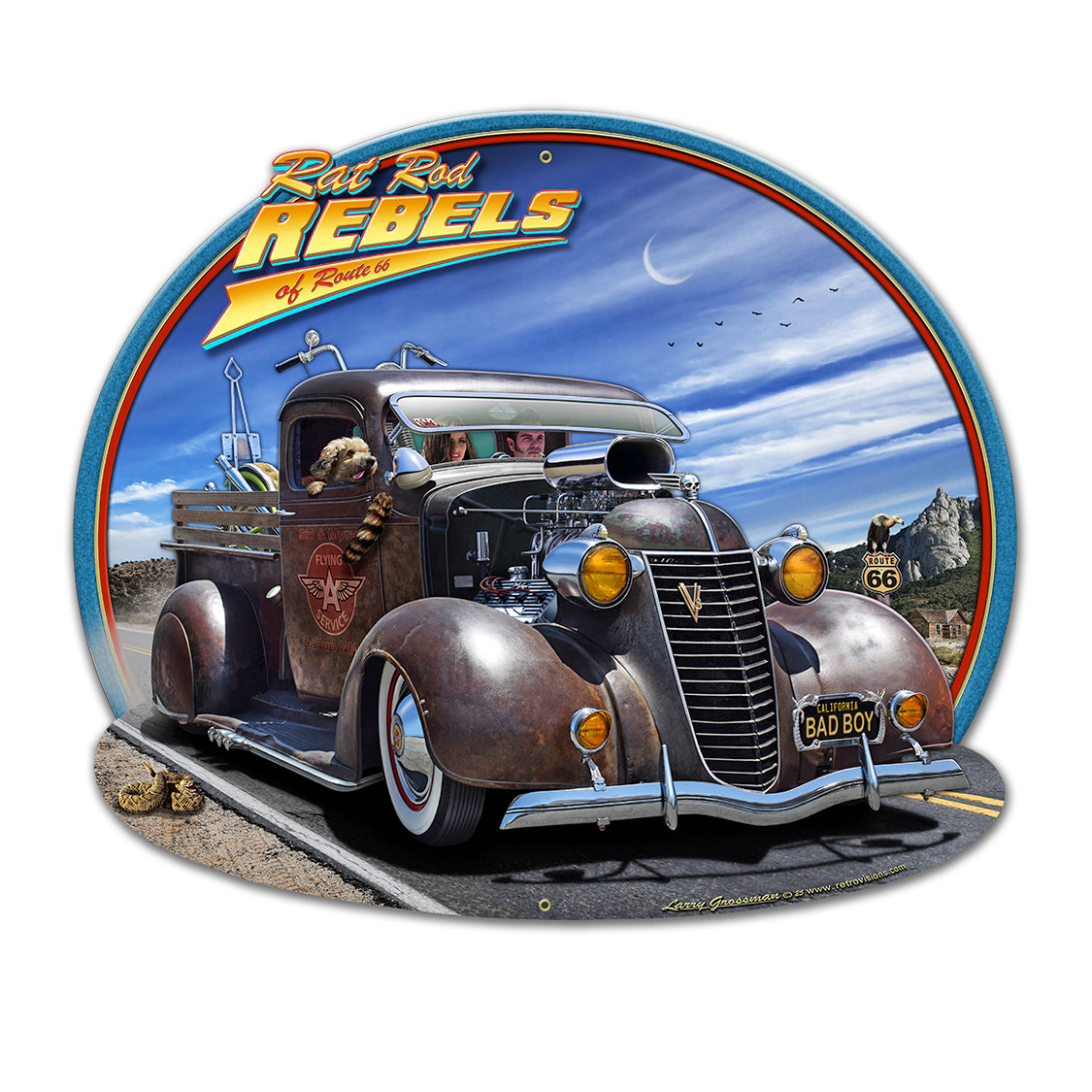 LGC809 - Rat Rod Rebel Routes 66 Cut / Out AVAILABLE IN Three SIZES by artist Larry Grosssman