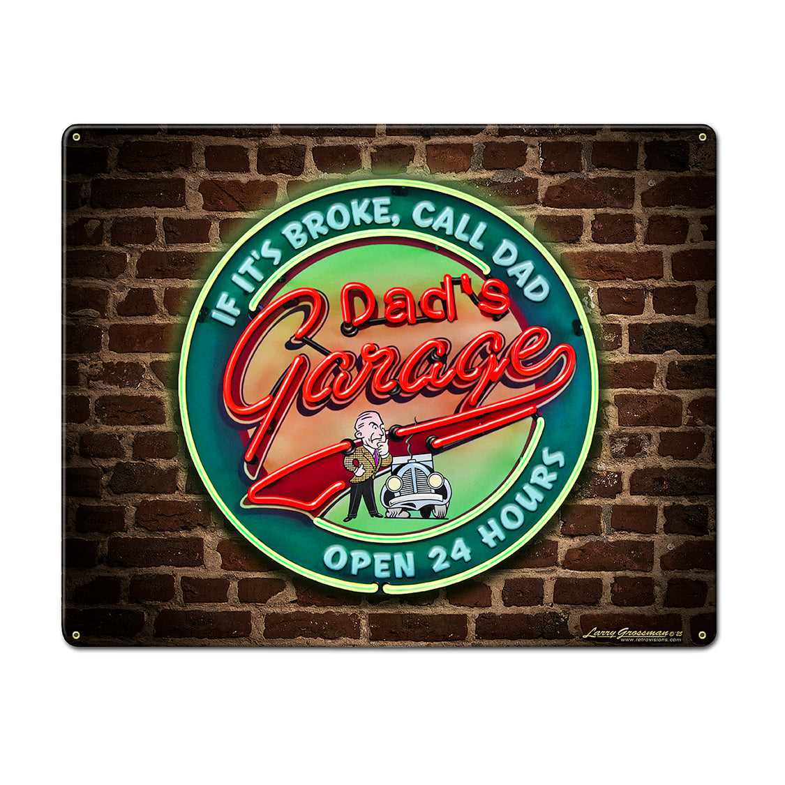 LGC826 - Dad's Garage Brick Wall Backing Metal Sign AVAILABLE IN TWO SIZES by artist Larry Grossman