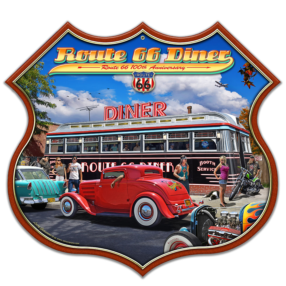 LGC838 - Route 66 Anniv. Diner Shield 18x16 by Larry Grossman Metal Sign