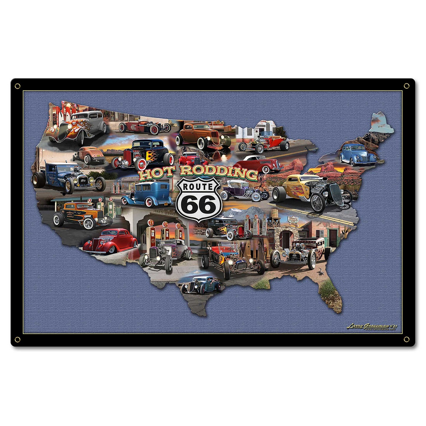HOT RODDING ROUTE 66 MAP 36 x 24 Satin