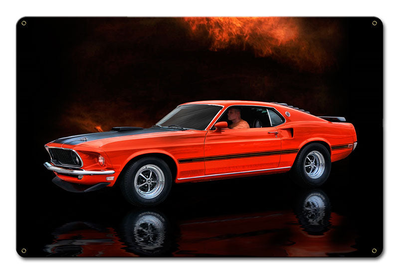 ORANGE MUSTANG MACH 1 FASTBACK CAR Vintage Sign