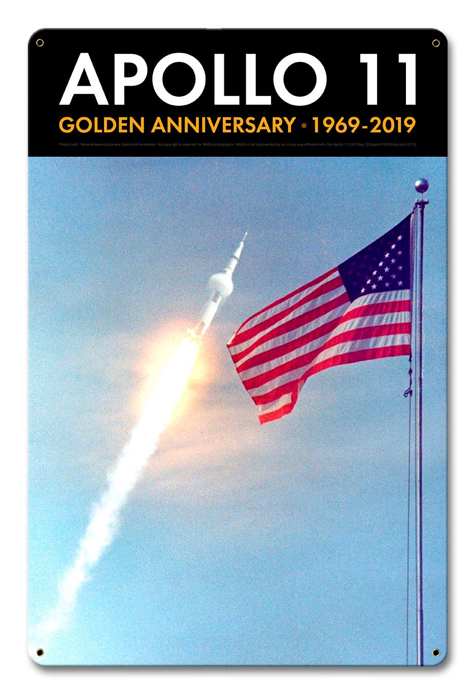 Apollo 11 50th Anniversary Saturn V and the Flag Black Metal Sign Vintage Sign