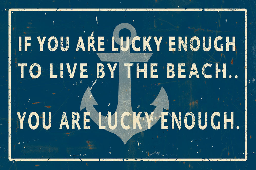 CAL308 - 18 X 12 VINTAGE SIGN - LUCKY ENOUGH - NAVY/CREME