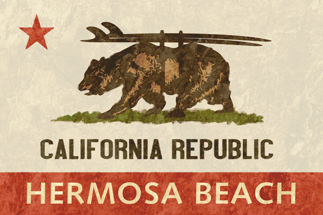 CAL358 - 24 X 16 CALI BEAR WITH SURBOARDS HERMOSA BEACH VINTAGE SIGN