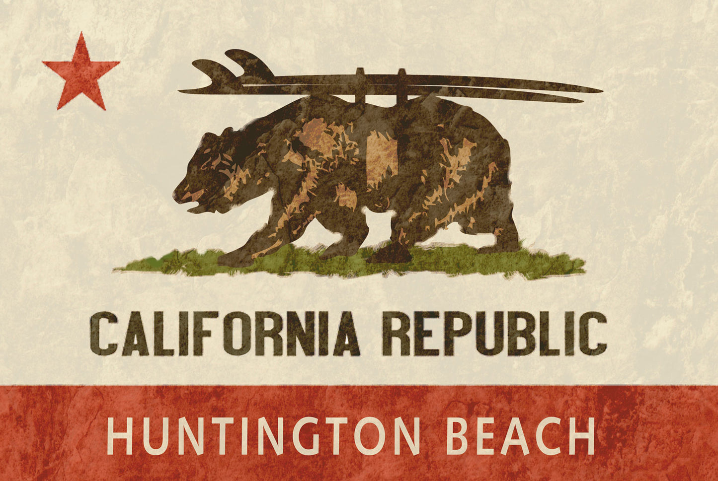 CAL529 - 24 X 36 CALI BEAR W/ BOARDS HUNTINGTON BEACH VINTAGE SIGN
