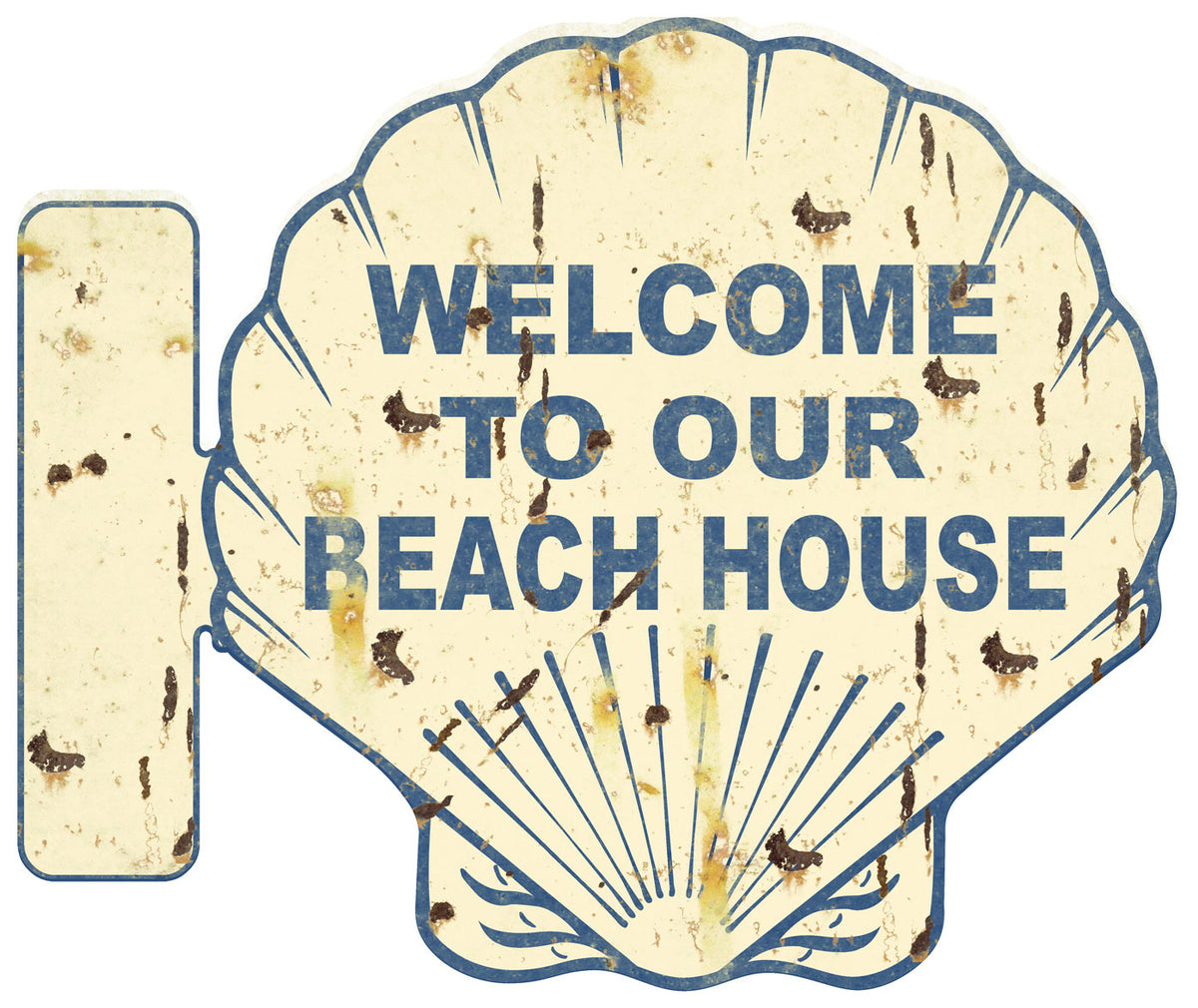 CALPS060 - 20 " WEL TO OUR BCH HSE HER BCH CRM/BLUE SHELL SHAPE