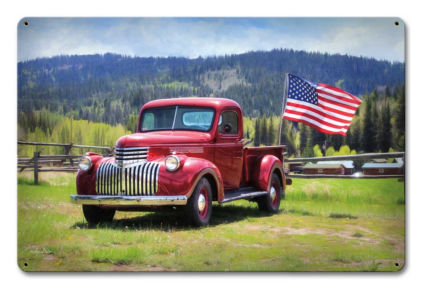 Red Truck American Flag Vintage Sign