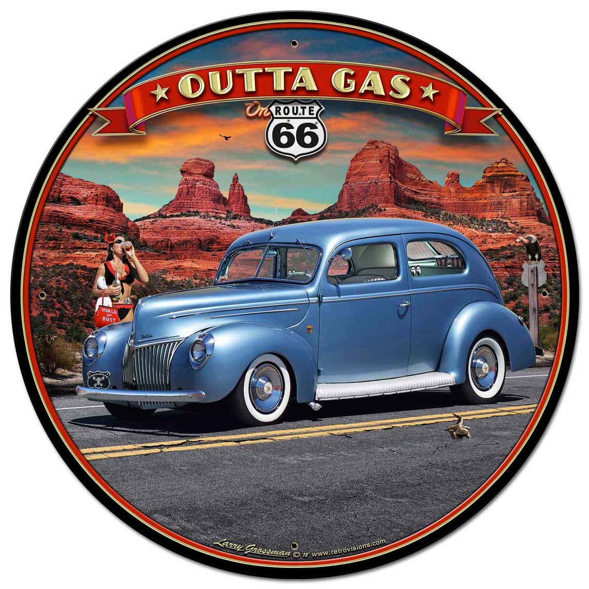 1939 Rod Sedan Rt 66 28inch Round Vintage Sign