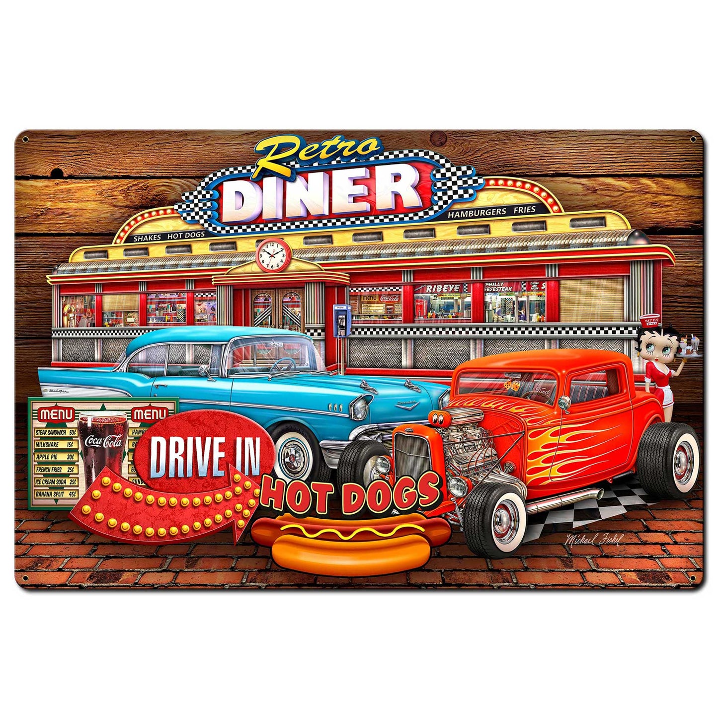 Diner Woodgrain 36 X 24 vintage metal sign