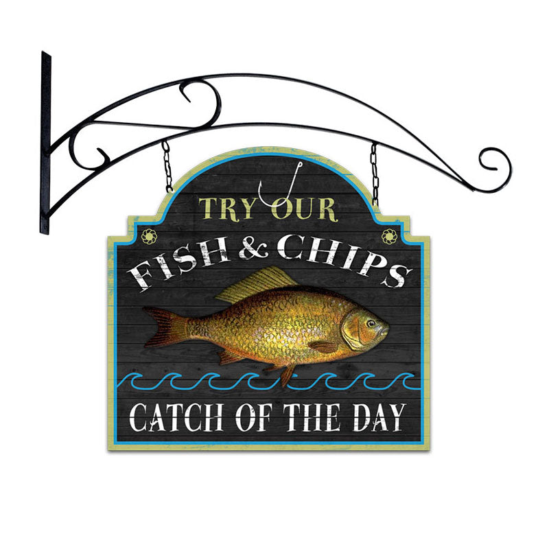 Fish And Chips Double Sided Custom Metal Shape With Wall Mount Vintage Sign