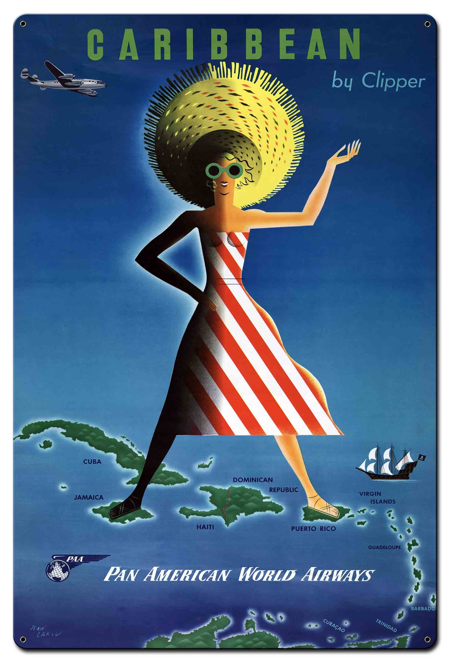 Caribbean By Clipper 24 X 36 vintage metal sign