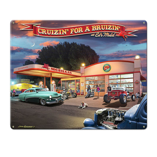 LGC825 - Cruizin For A Bruizin at Ed's Mobil Metal Sign AVAILABLE IN TWO SIZES by artist Larry Grossman