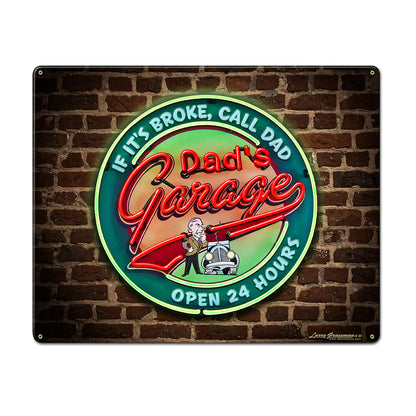 LGC826 - Dad's Garage Brick Wall Backing  Metal Sign AVAILABLE IN TWO SIZES by artist Larry Grossman