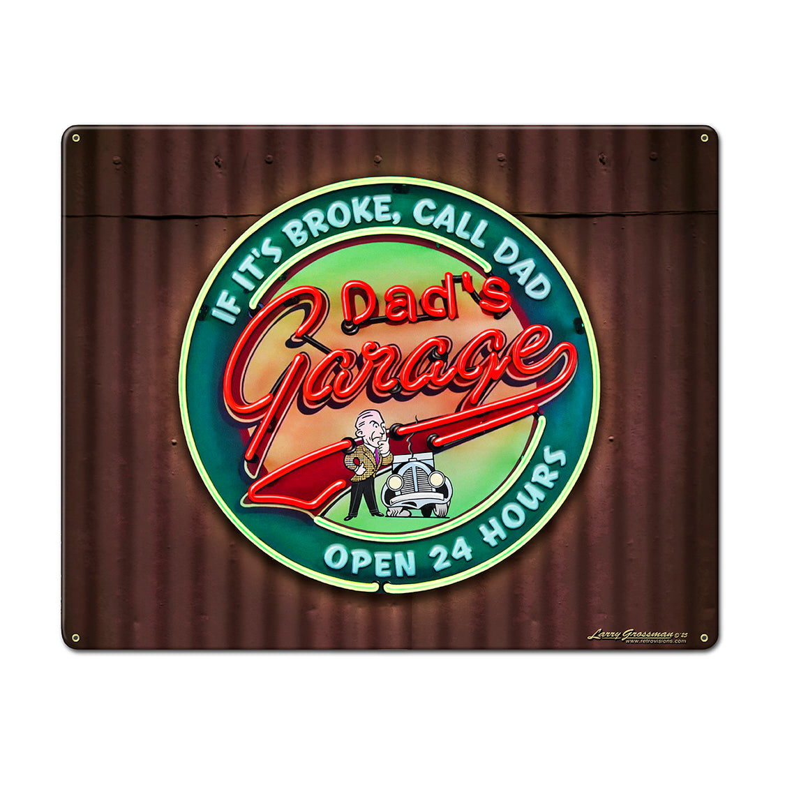 LGC827 - Dad's Garage Tin Wall Backing  Metal Sign AVAILABLE IN TWO SIZES by artist Larry Grossman