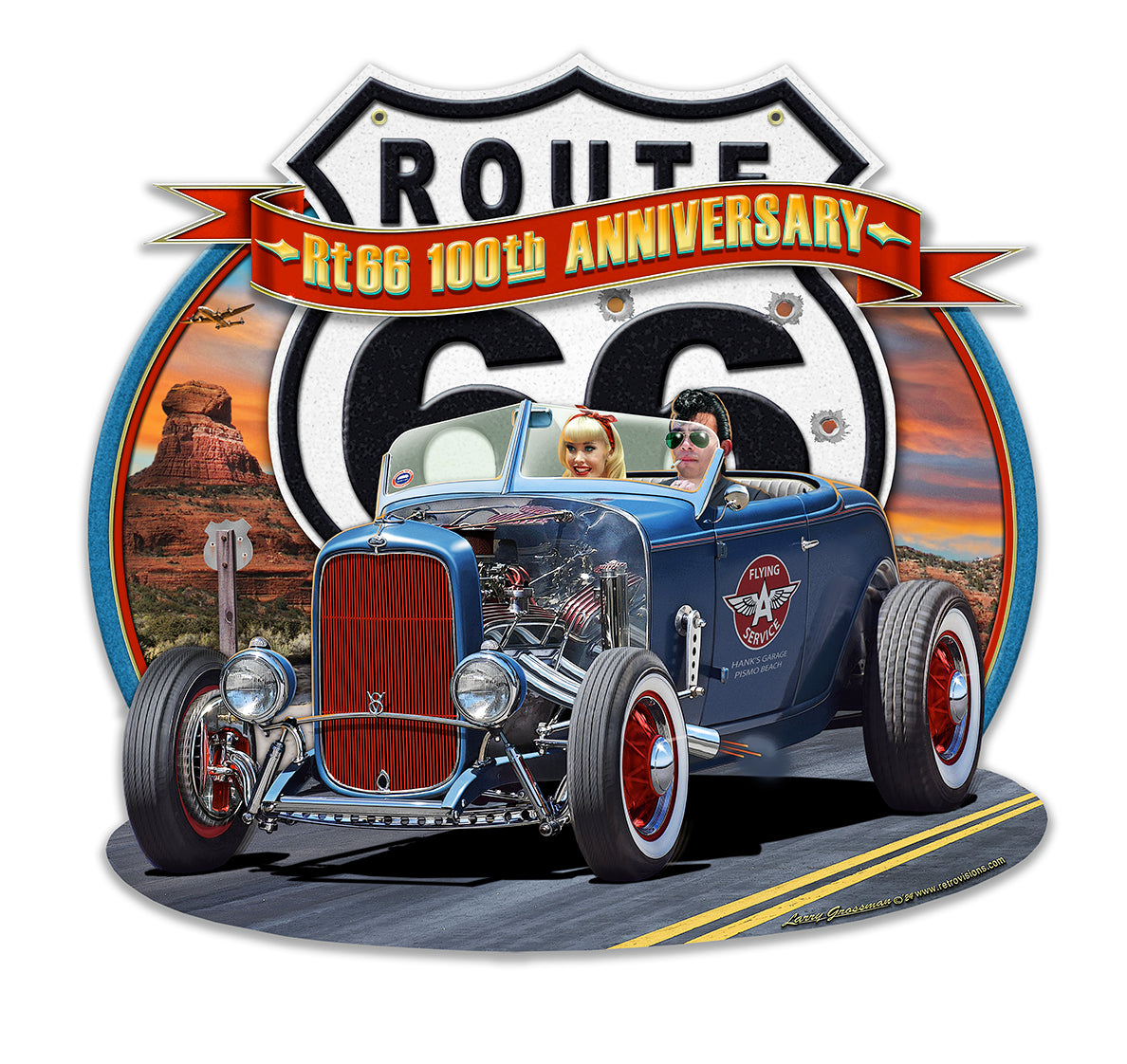 LGC835 - Route 66 Anniv. '32 Metal Sign by artist Larry Grossman - 3 Sizes Available