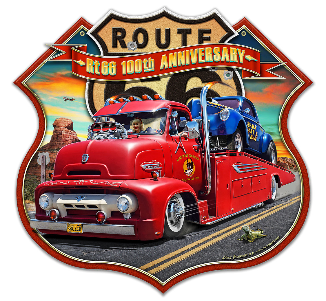 LGC836 - Route 66 Anniv. Ford Truck Metal Sign by Larry Grossman - 3 Sizes Available