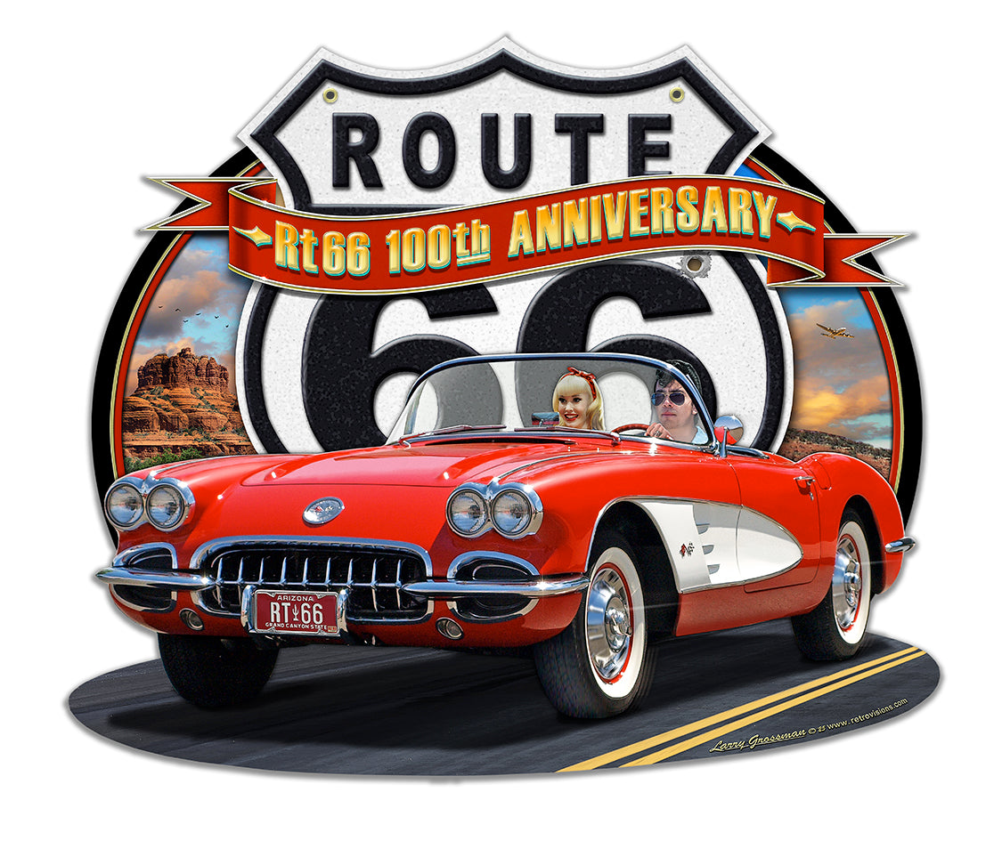 LGC840 - Route 66 Anniversary Corvette Metal Sign by Larry Grossman - 3 Sizes Available