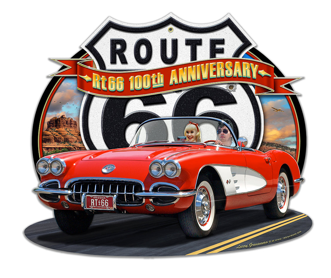 LGC840 - Route 66 Anniversary Corvette Metal Sign 18x15  by Larry Grossman