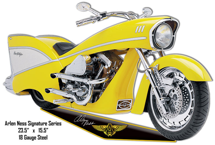 Yellow Arlen Ness Reproduction Motorcycle Cut Out Sign 15.5x23.5 RG8466S