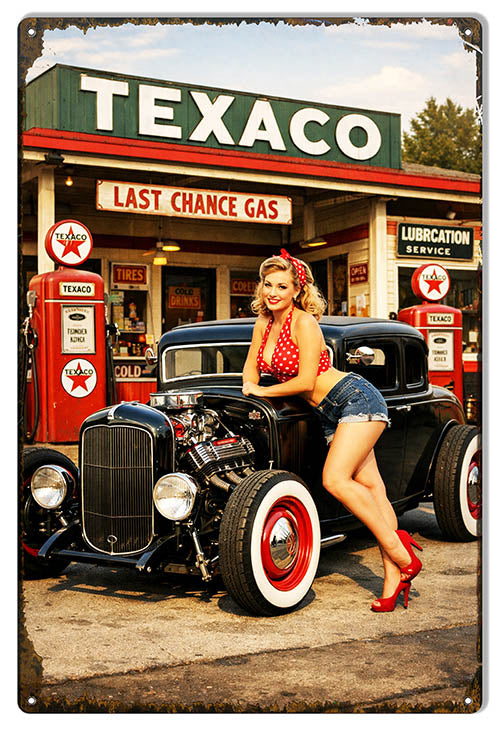 Pin-Up on Hot Rod - Vintage TEXACO Station - 12x18 Metal Sign - RVG5772