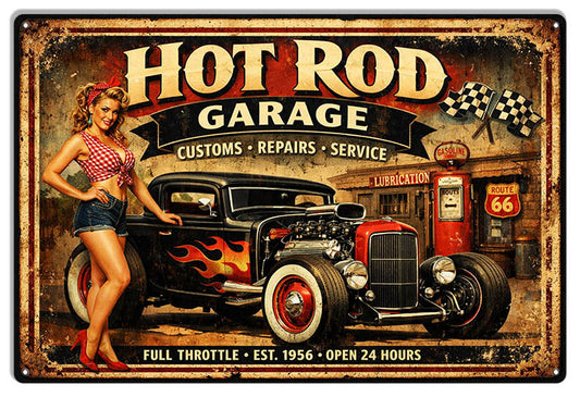 Pin-Up at Hot Rod Garage - Vintage Gas Station - 12x18 Metal Sign - RVG5774