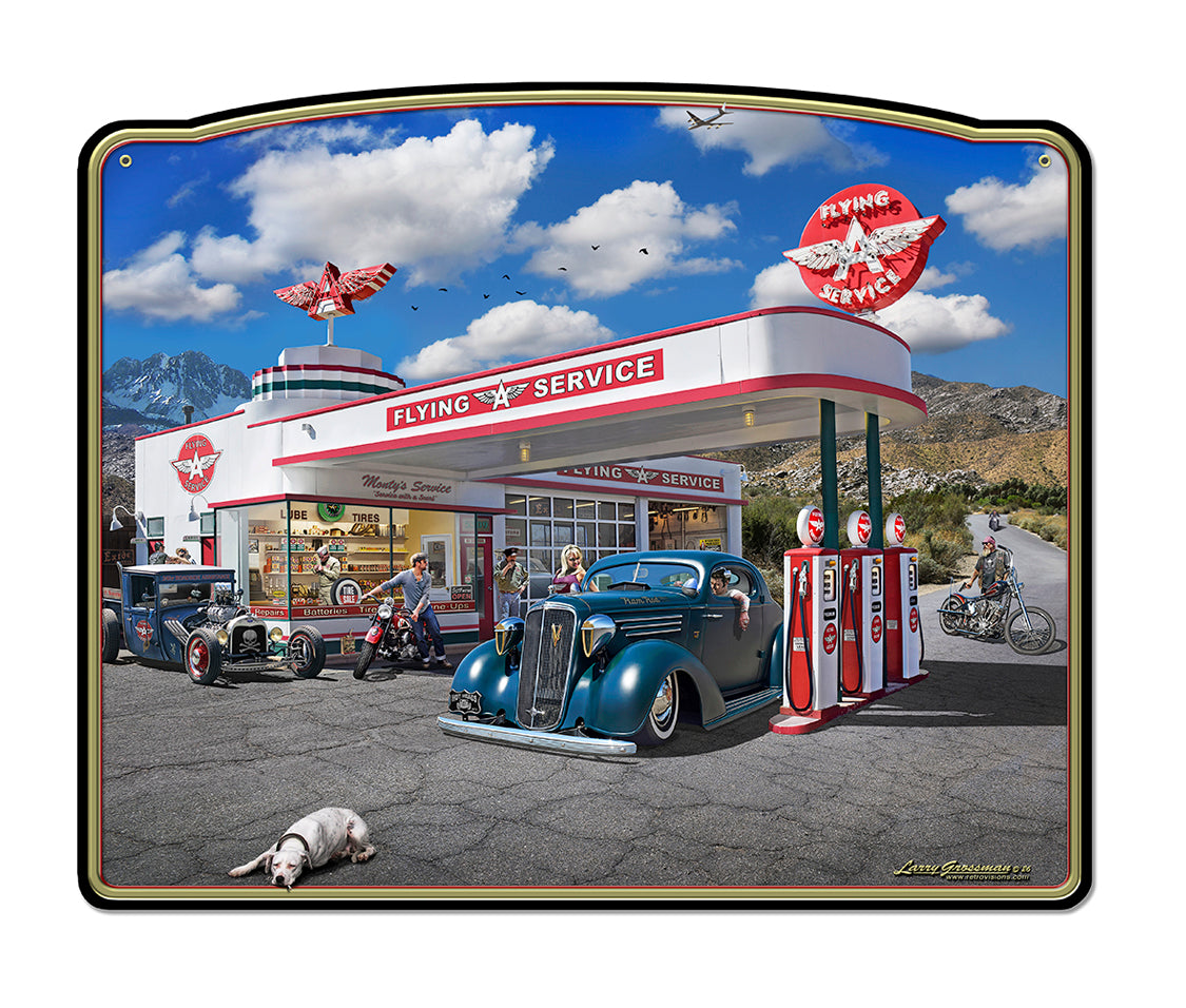 LGC851 Trouble's Brewin' at Monty's Flying A - By Larry Grossman Metal Sign - 4 Sizes Available
