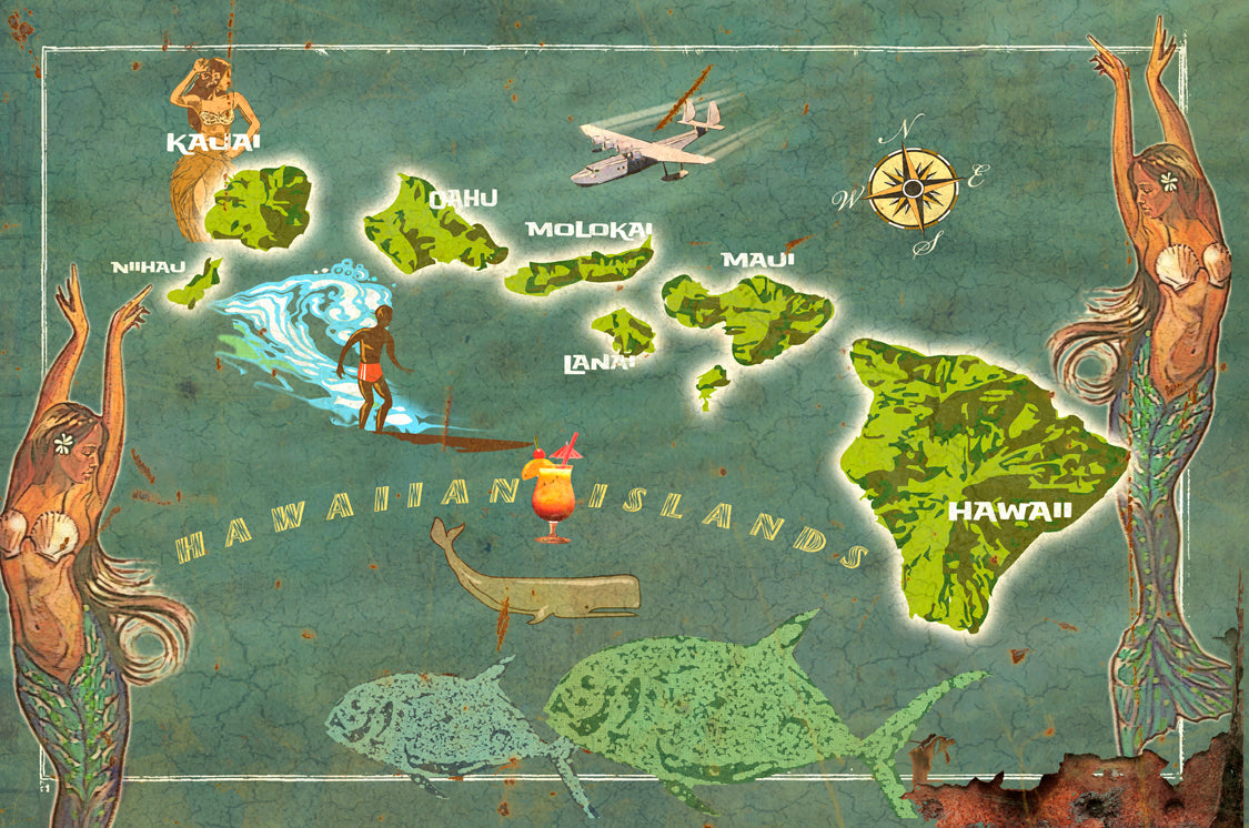 WADE131-PG - 24 X 16 VINTAGE - HAWAII MERMAID MAP