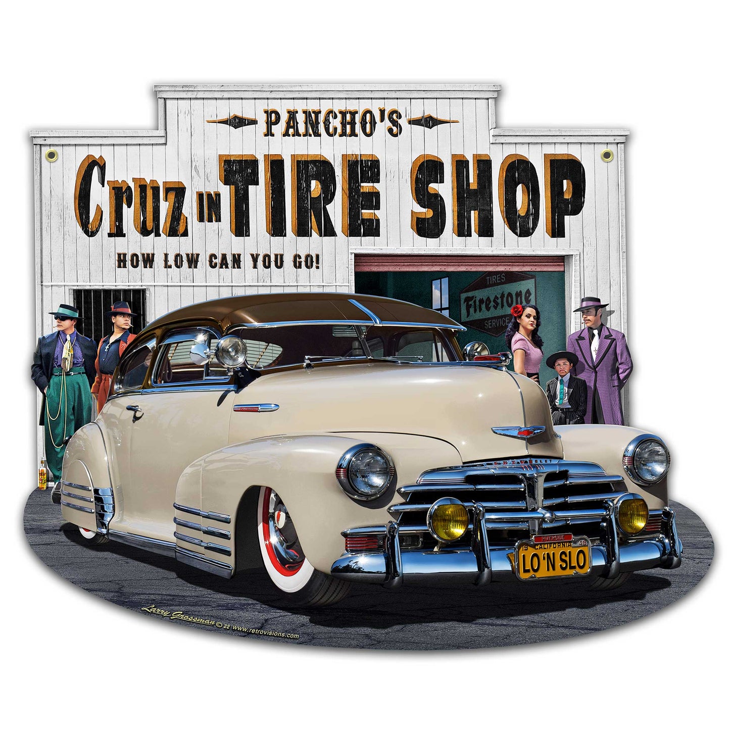 1948 Chevy Lowrider Tire Shop 22 X 18 vintage metal sign