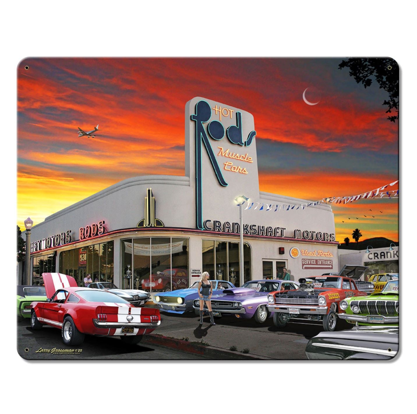 LGC459 - Rot Rod Muscle Car Vintage Dealership 12x15 by artist Larry Grossman