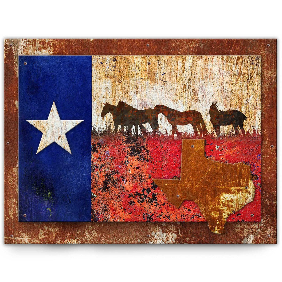 Texas Flags and Horses Metal Sign 35in X 27in 