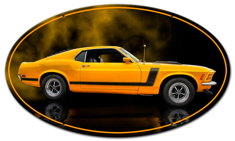 1970 YELLOW MUSTANG BOSS 302 FASTBACK OVAL SHAPE Vintage Sign