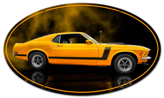 1970 YELLOW MUSTANG BOSS 302 FASTBACK OVAL SHAPE Vintage Sign