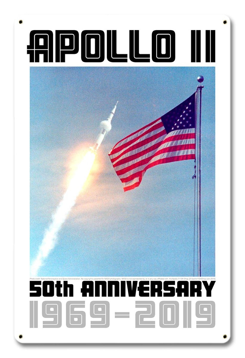 Apollo 11 50th Anniversary Saturn V and the Flag White Metal Sign Vintage Sign