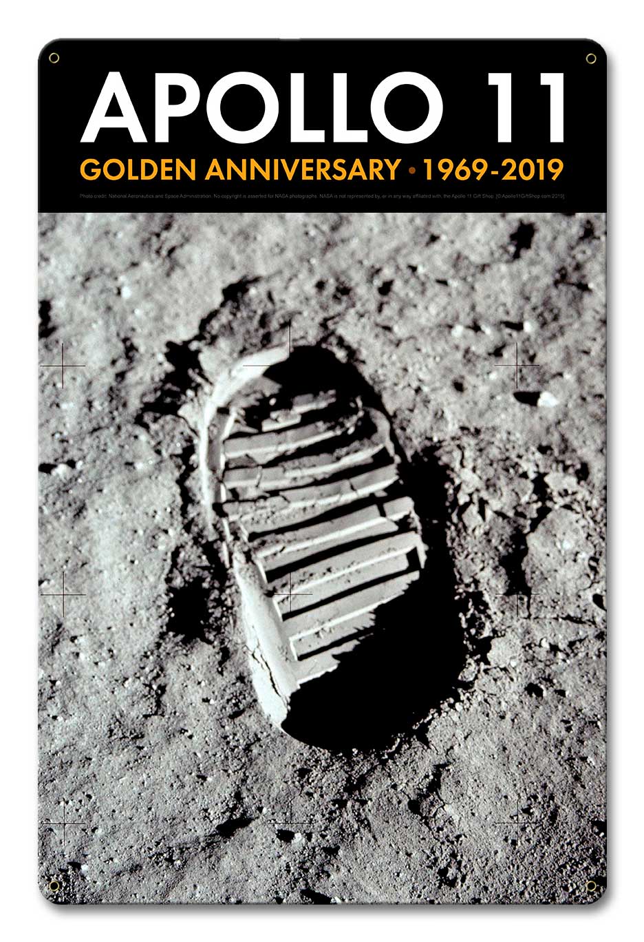 Apollo 11 50th Anniversary Bootprint Boot Print in Lunar Soil Black Metal Sign Vintage Sign