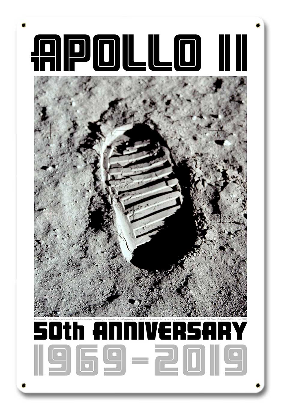 Apollo 11 50th Anniversary Bootprint Boot Print in Lunar Soil White Metal Sign Vintage Sign