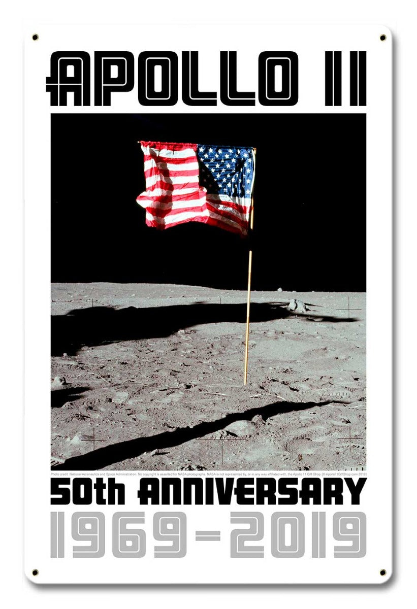 Apollo 11 50th Anniversary US Flag Planted on the Moon White Metal Sign Vintage Sign