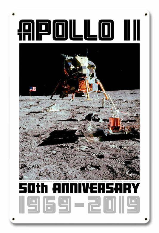 Apollo 11 50th Anniversary LM Eagle on the Moon White Metal Sign Vintage Sign