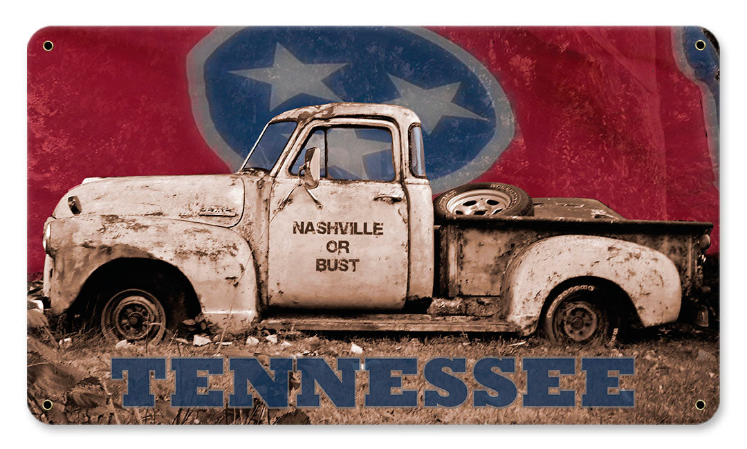 Nashville Or Bust Truck With Flag Vintage Sign
