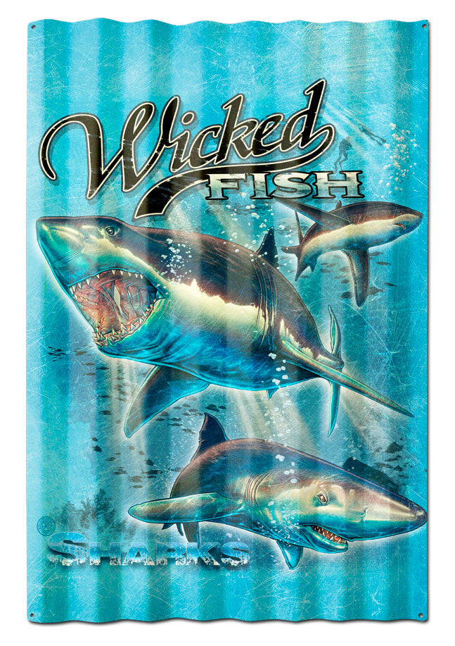 SHARKS WICKED FISH CORRUGATED Vintage Sign