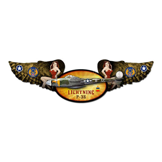 P-38 Lighting Winged Oval 10 X 35 vintage metal sign