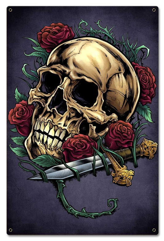 Skull Roses and Dagger Vintage Sign