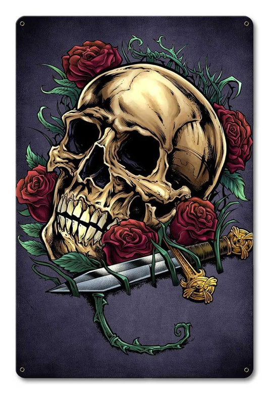 Skull Roses and Dagger Vintage Sign