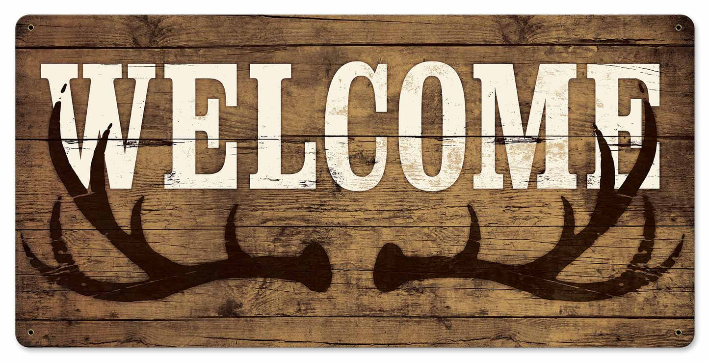 Welcome Deer Antlers Vintage Sign
