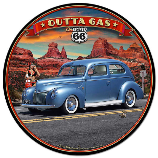 1939 Rod Sedan Rt 66 28inch Round Vintage Sign