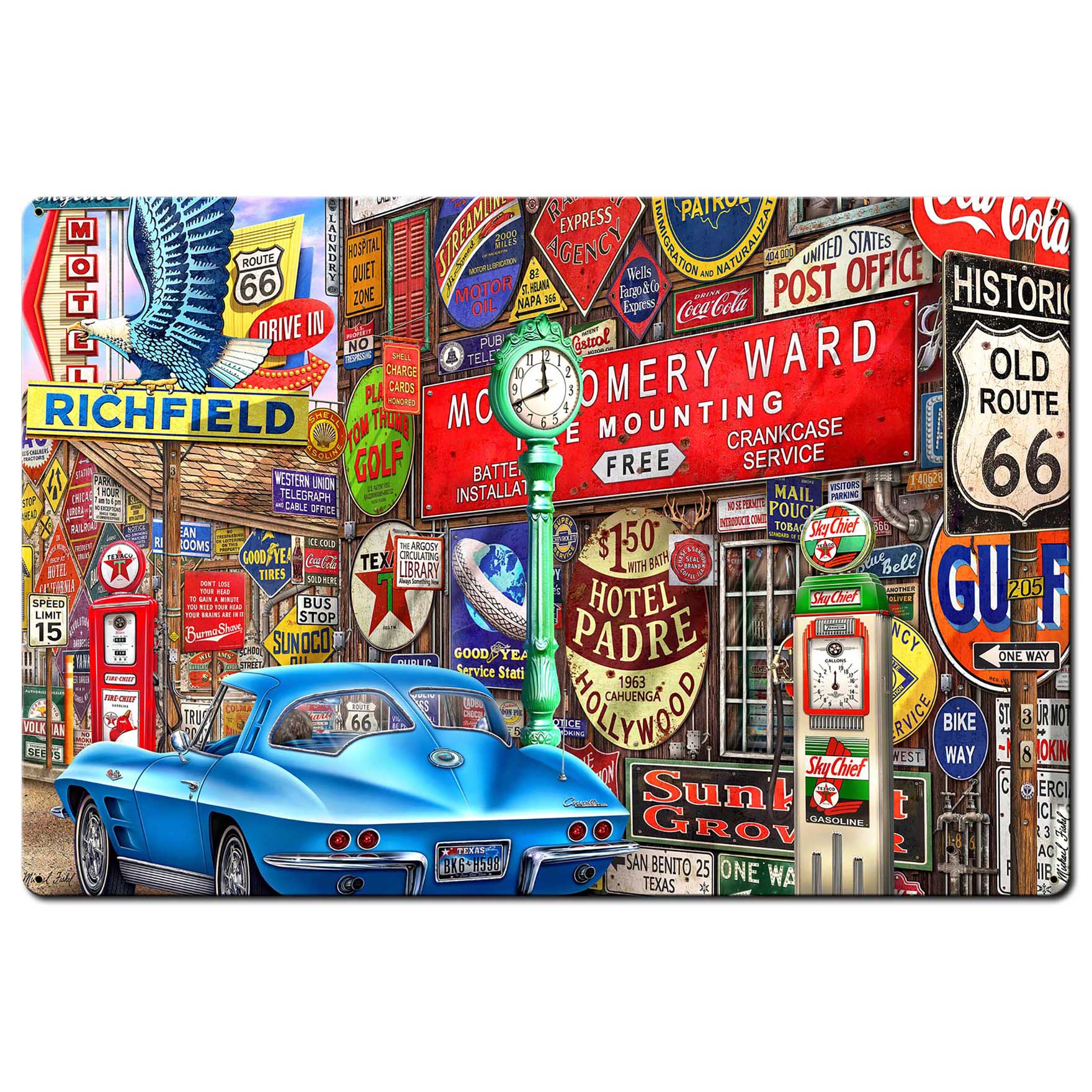 Along Route 66 36 X 24 vintage metal sign