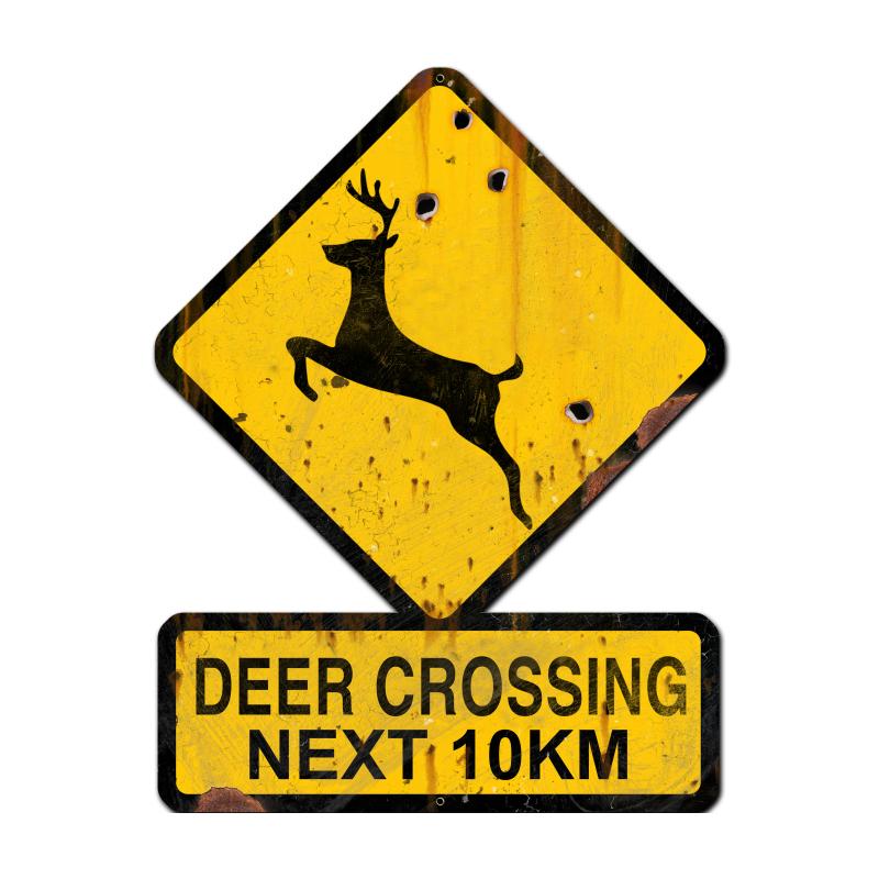 Deer Crossing Next 10 Km Vintage Sign