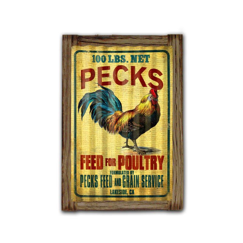 Pecks Rooster Feed Corrugated Framed Vintage Sign