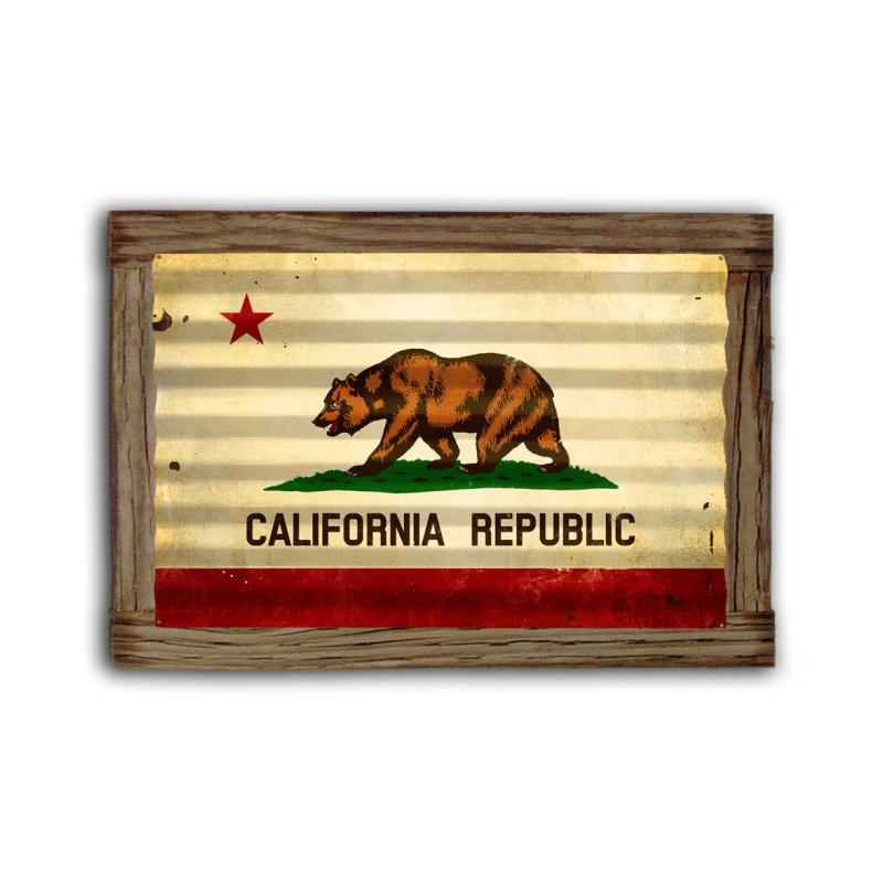 California Flag Corrugated Framed Vintage Sign