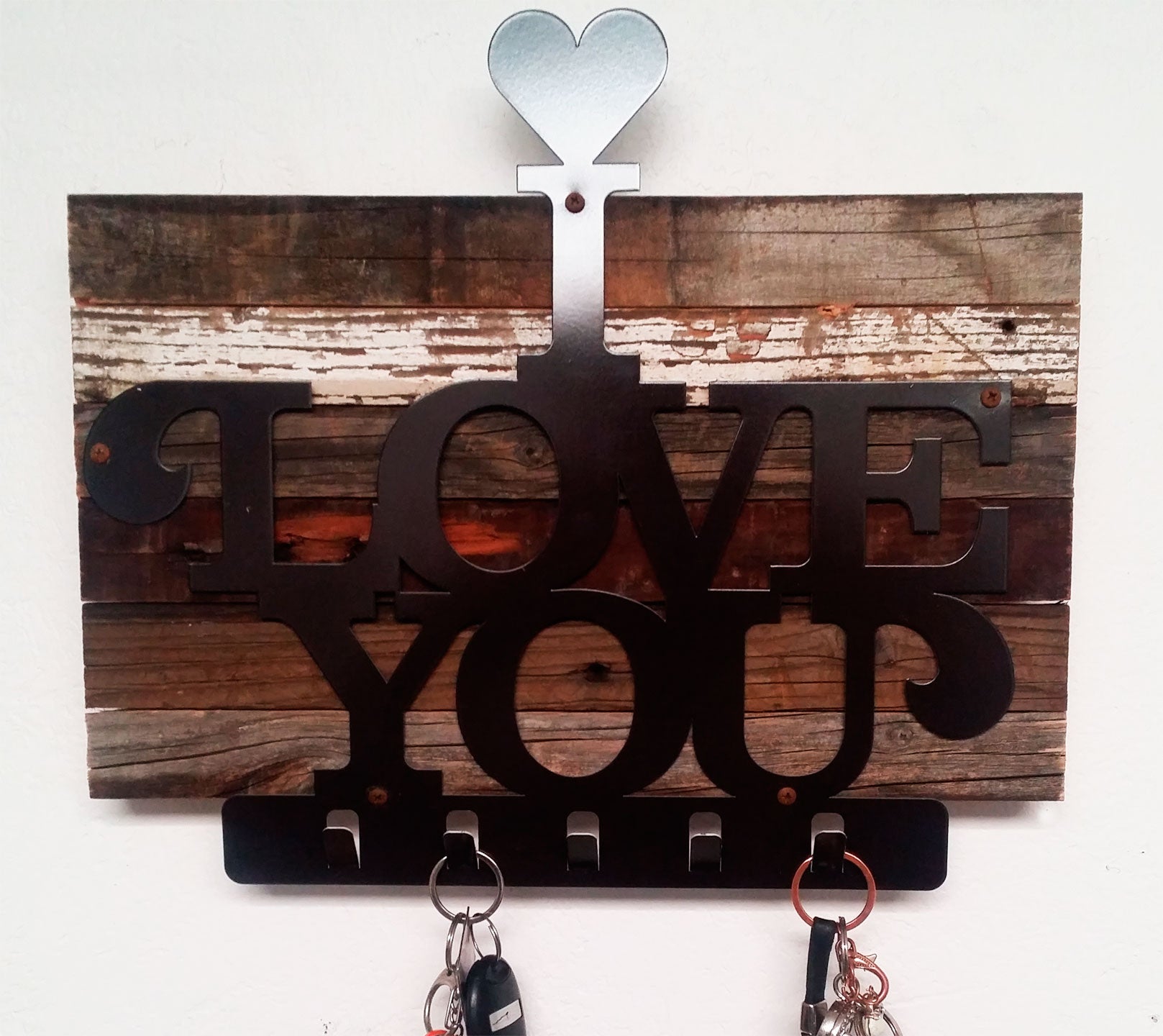 I Love You Key Holder With Wood Backer Vintage Sign