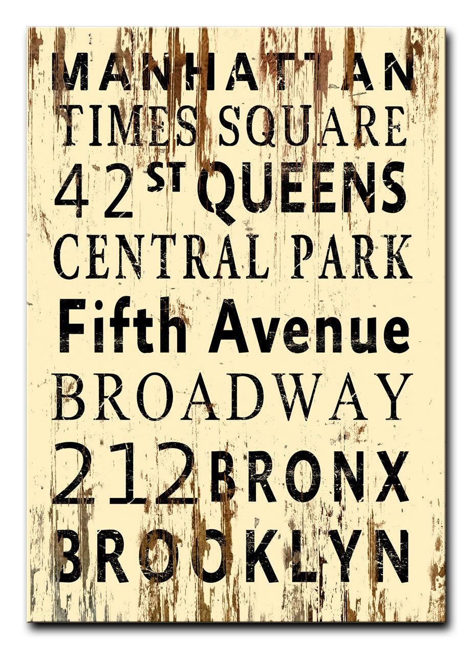 Wood Print New York Street Names  Vintage Sign